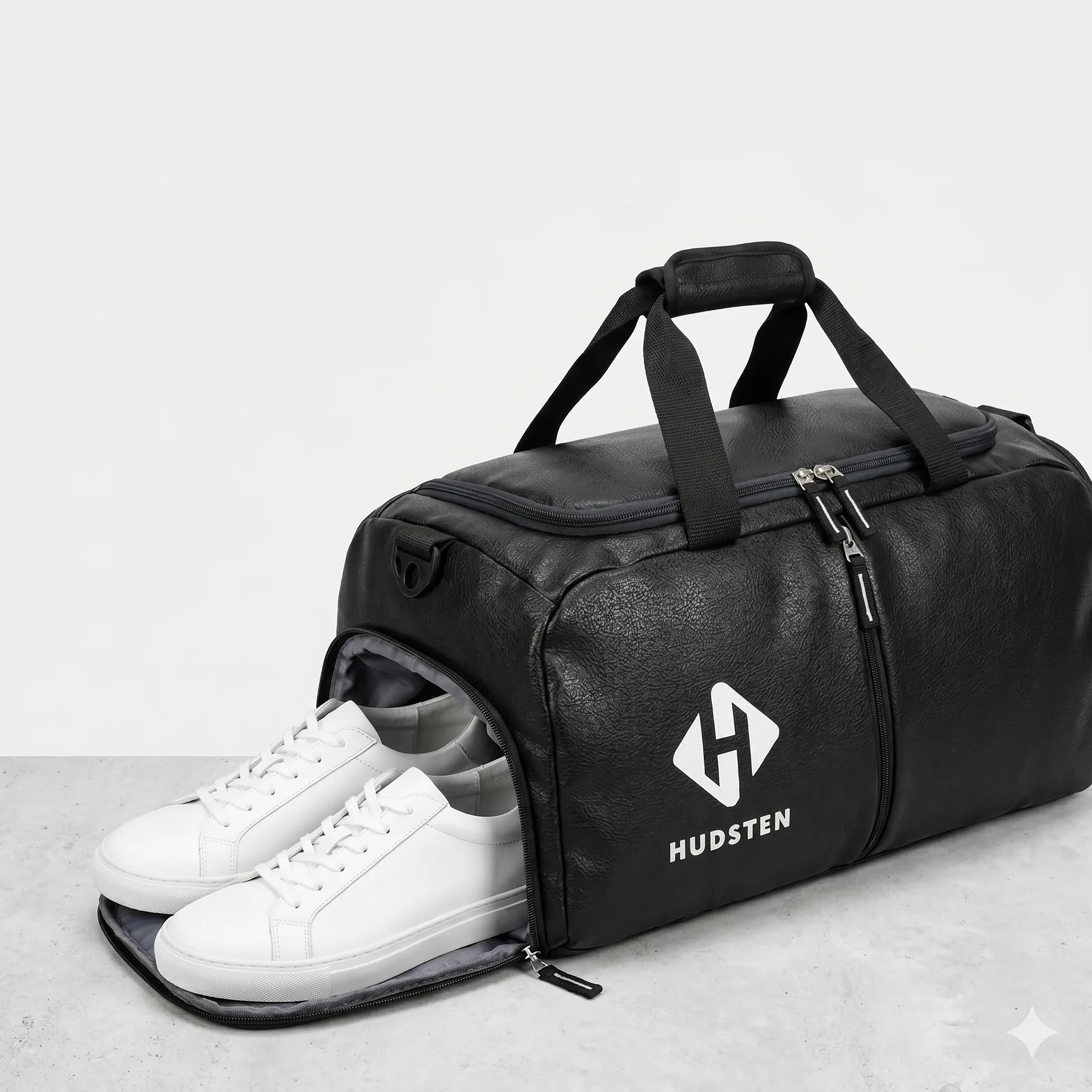 Black gym duffel side view showing the dedicated shoe compartment — Hudsten